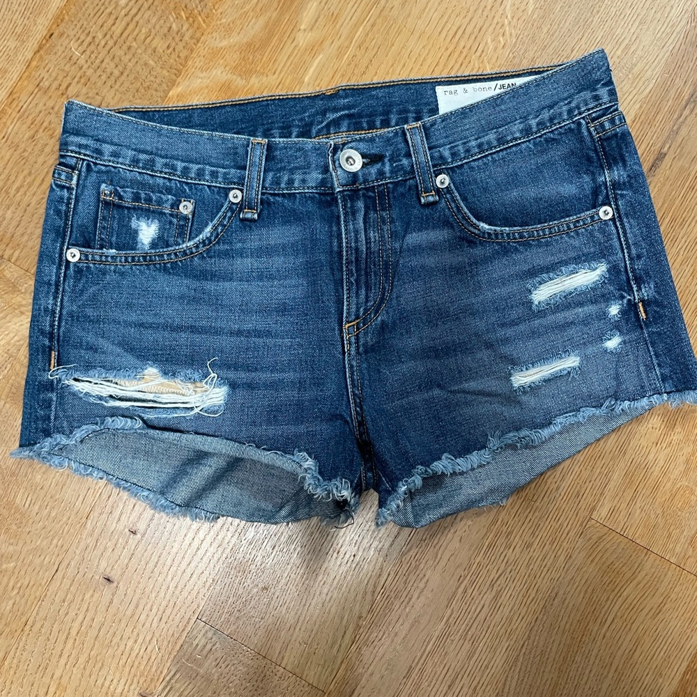rag & bone Blue Jean Shorts with Distressing and Cut-Off Hem